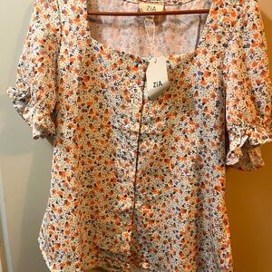 Floral Women's Blouse - Orange and Blue